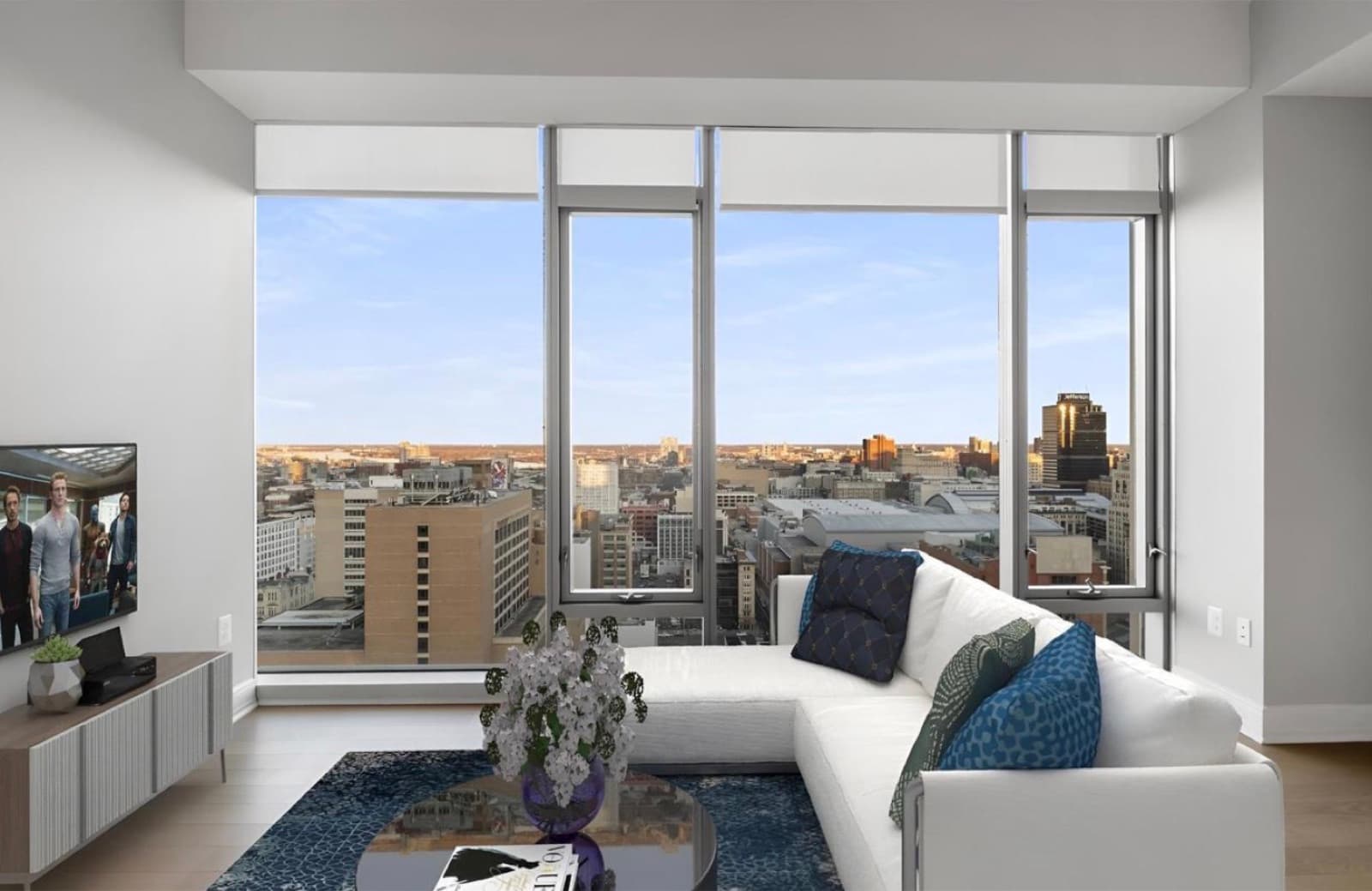 Living room with floor-to-ceiling skyline windows