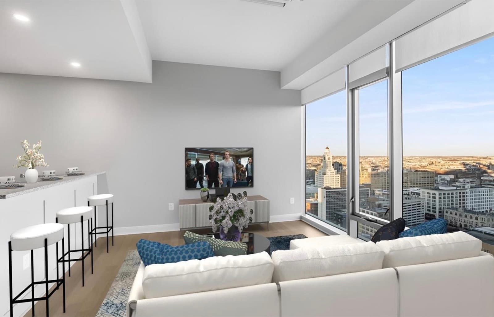 Corner living area with city view